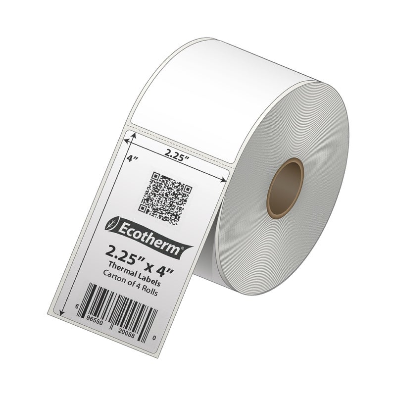 Ecotherm ملصقات حرارية مقاس 2.25 بوصة × 4 بوصة | 4 رول | 1440 تسمية | تناسب طابعات Zebra وMunbyn وRolo وGodex وArkscan وiDPRT وOffnova والمزيد | ملصقات لاصقة بيضاء فارغة من إيكوثيرم - Image 2
